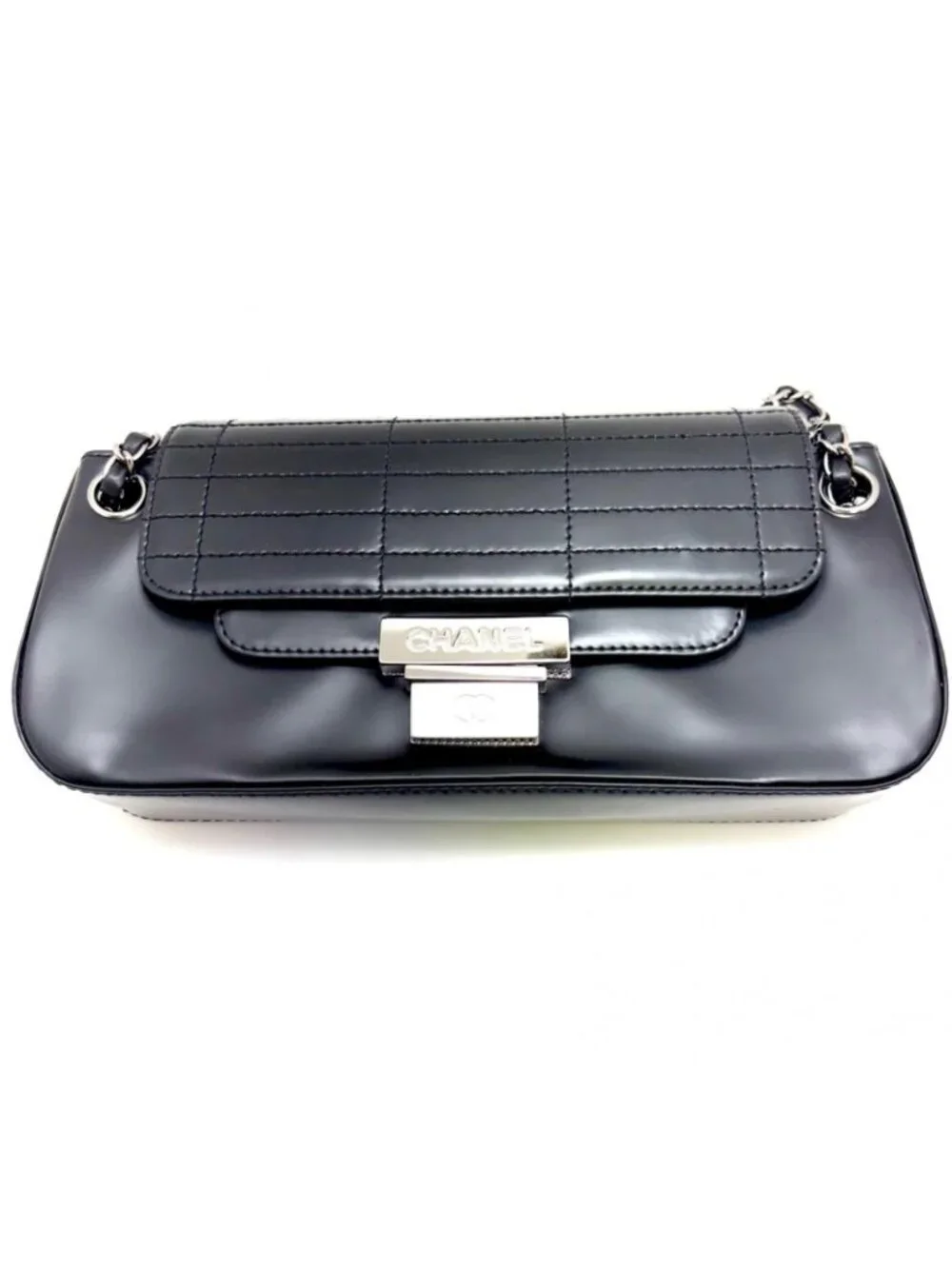 Chanel Choco Bar Chain Shoulder Black Silver Calfskin Bag